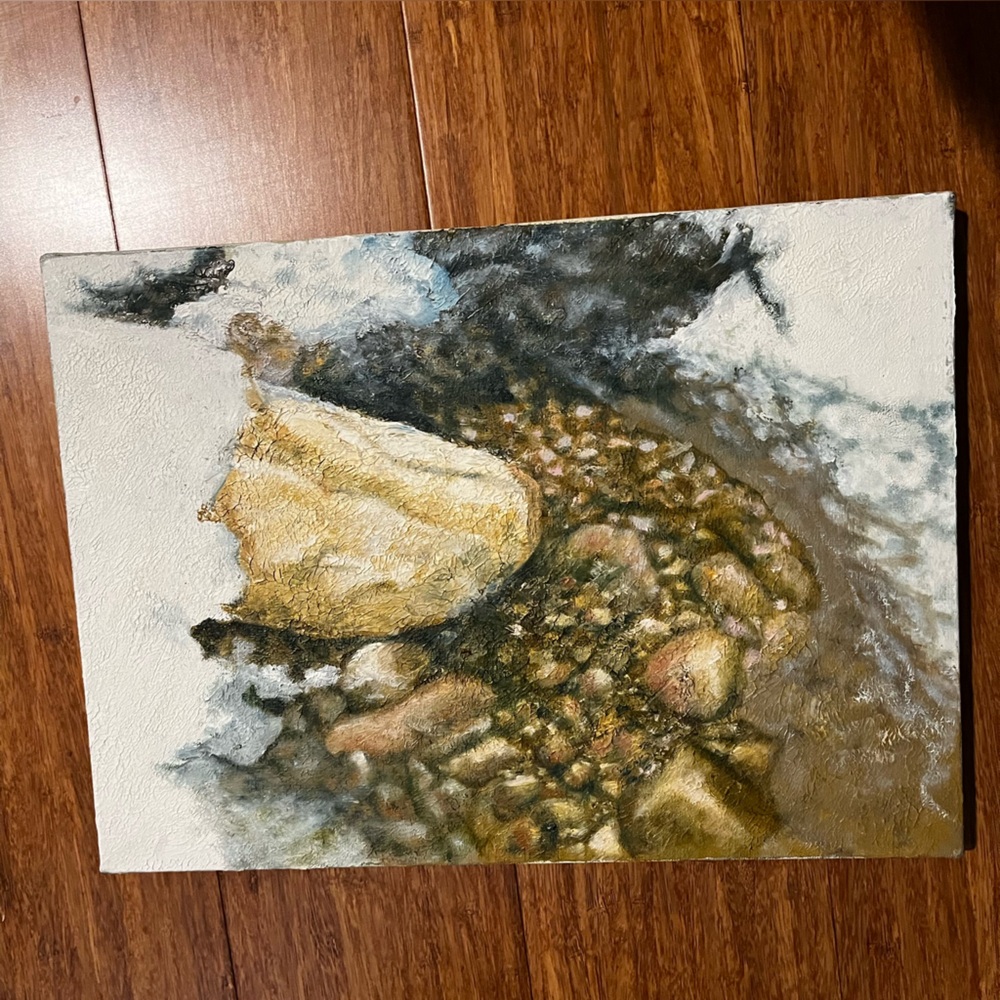 Vintage Korean Snow LAKE Painting – Early 1990s Rural Winter, Impasto Texture